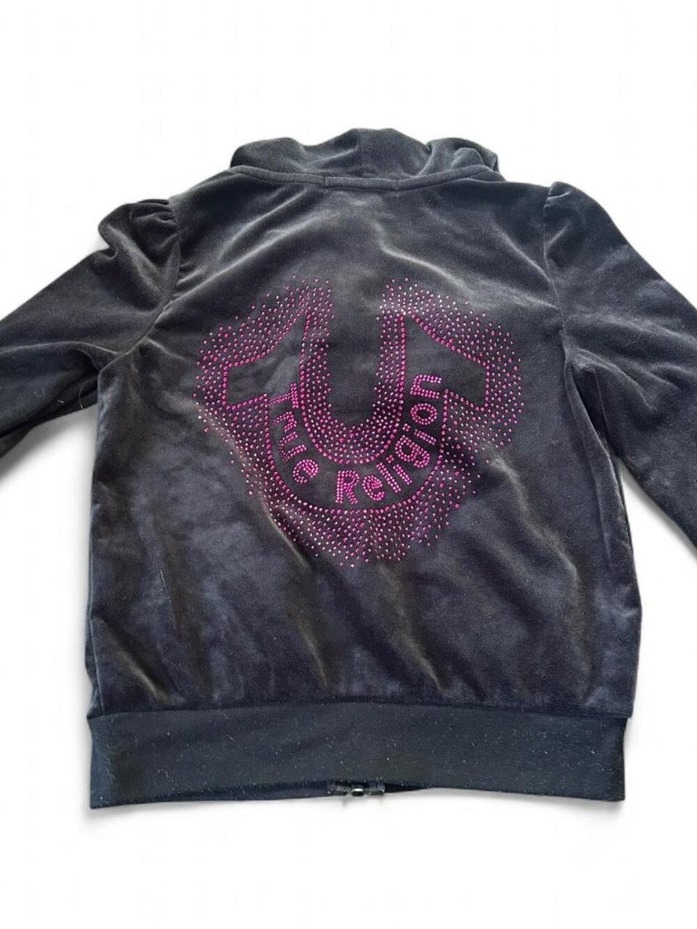 KIDS True Religion black velour zip up hoodie with pink logo  Size 6x velour